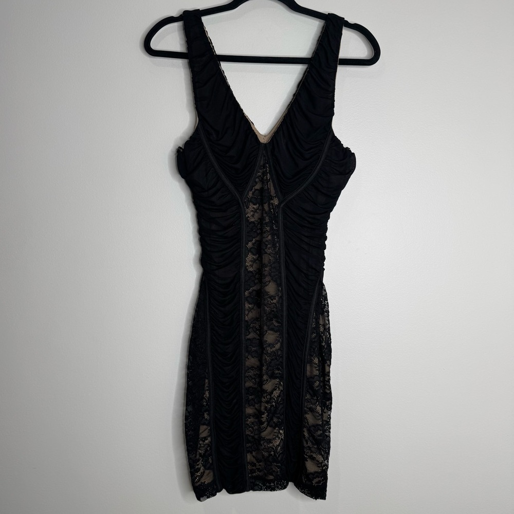 Y2K Arden B. Black‎ Nude Ruched Lace Insert Bodycon Sleeveless Mini Dress Large
